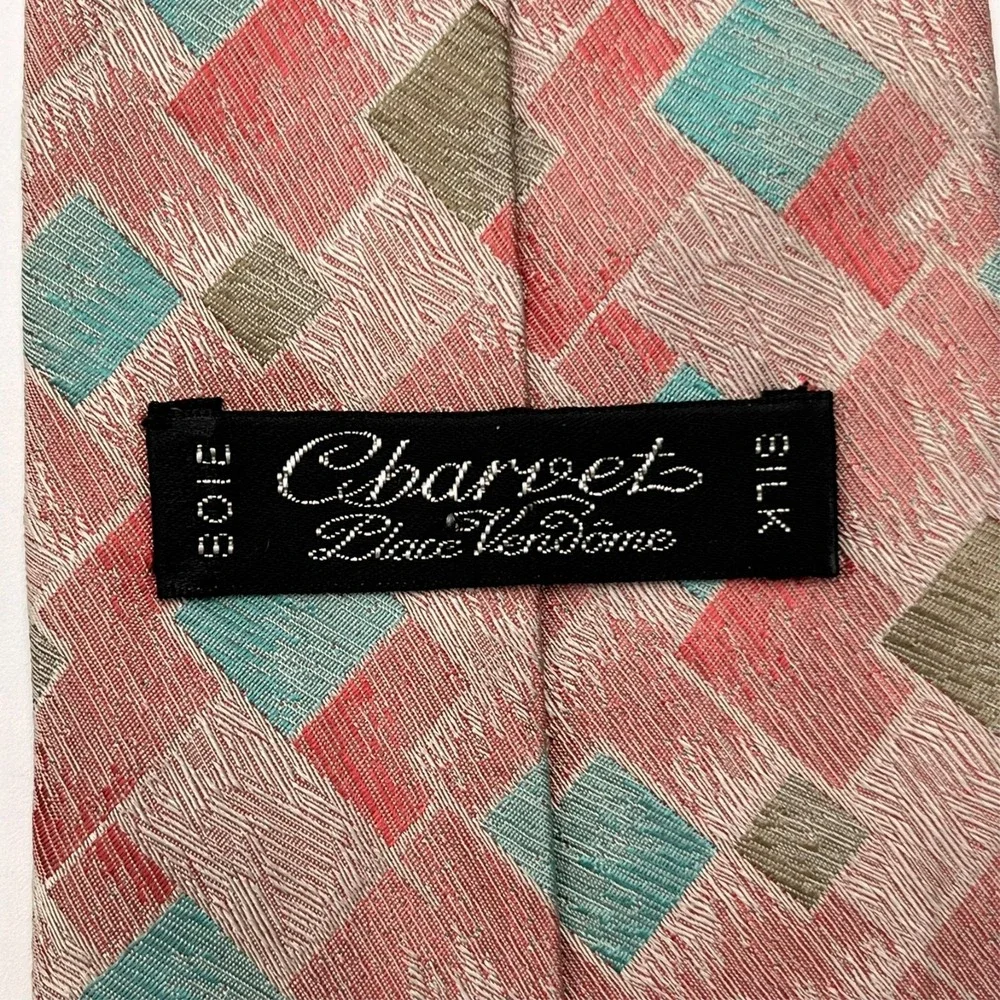 Charvet 100% Silk Tie Mens Pink Pastel Geometric Necktie Handmade France
